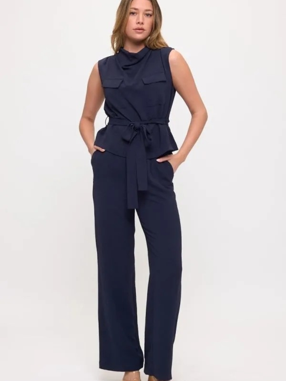 Sleeveless Navy Tie-Waist Air Flow Wide Leg Pantsuit